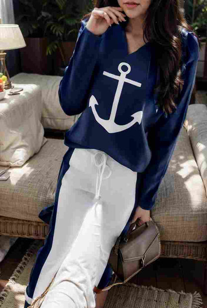 anchor print v neck long sleeve t shirt trousers two piece suit 114745