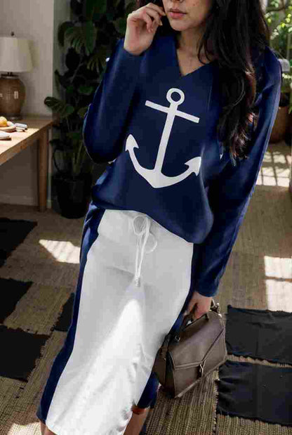 anchor print v neck long sleeve t shirt trousers two piece suit 114746