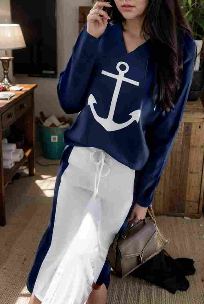 anchor print v neck long sleeve t shirt trousers two piece suit 114747