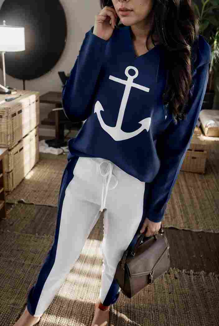 anchor print v neck long sleeve t shirt trousers two piece suit 114748