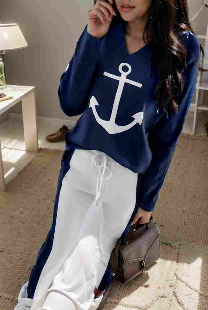 anchor print v neck long sleeve t shirt trousers two piece suit 114749