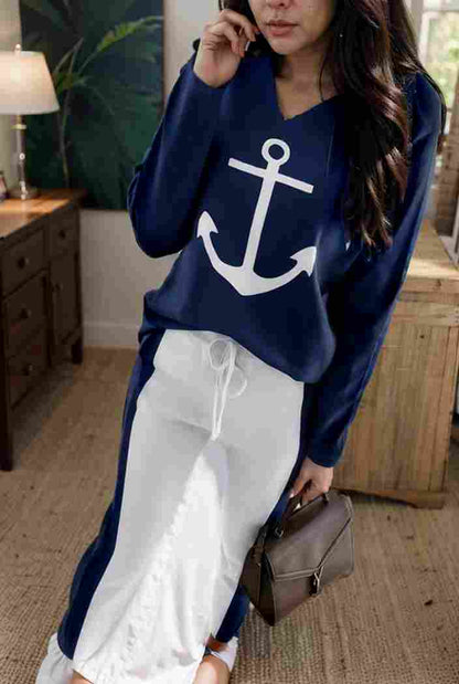 anchor print v neck long sleeve t shirt trousers two piece suit 114750