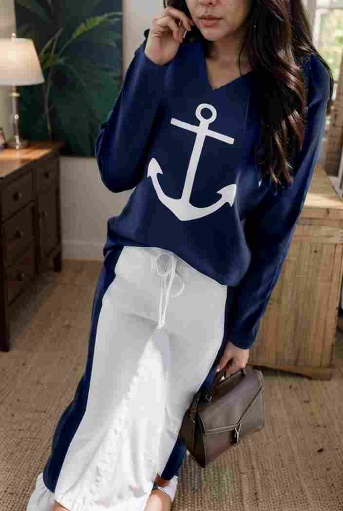 anchor print v neck long sleeve t shirt trousers two piece suit 133964