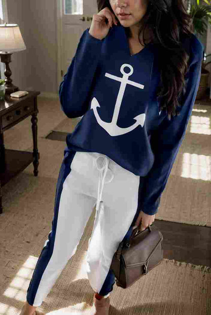 anchor print v neck long sleeve t shirt trousers two piece suit 114751