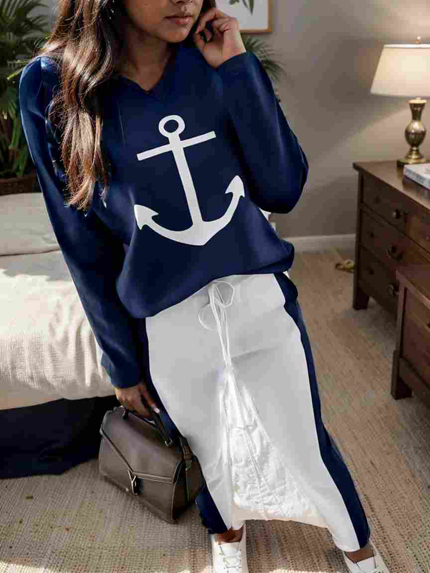 anchor print v neck long sleeve t shirt trousers two piece suit 138617