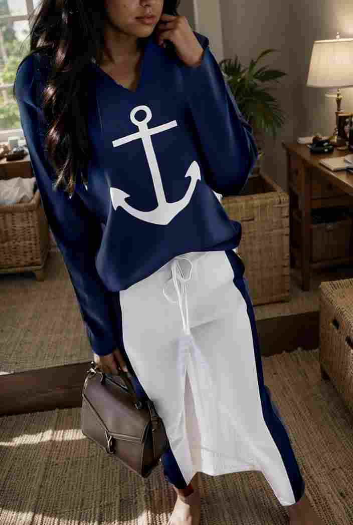 anchor print v neck long sleeve t shirt trousers two piece suit 145100