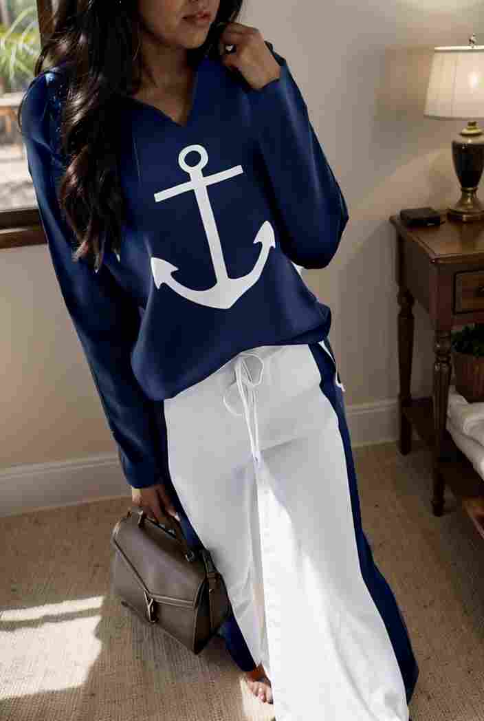 anchor print v neck long sleeve t shirt trousers two piece suit 102637