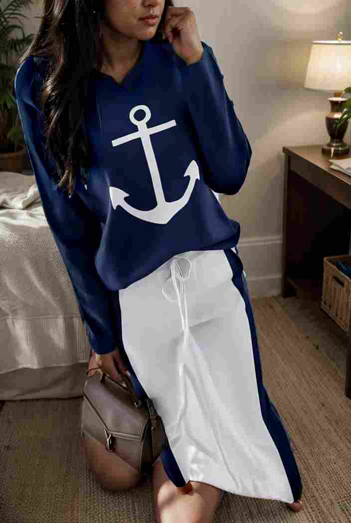 anchor print v neck long sleeve t shirt trousers two piece suit 105132