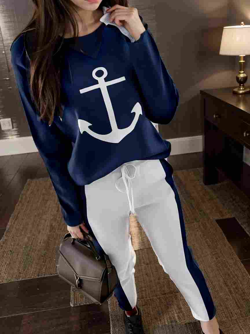 anchor print v neck long sleeve t shirt trousers two piece suit 134341