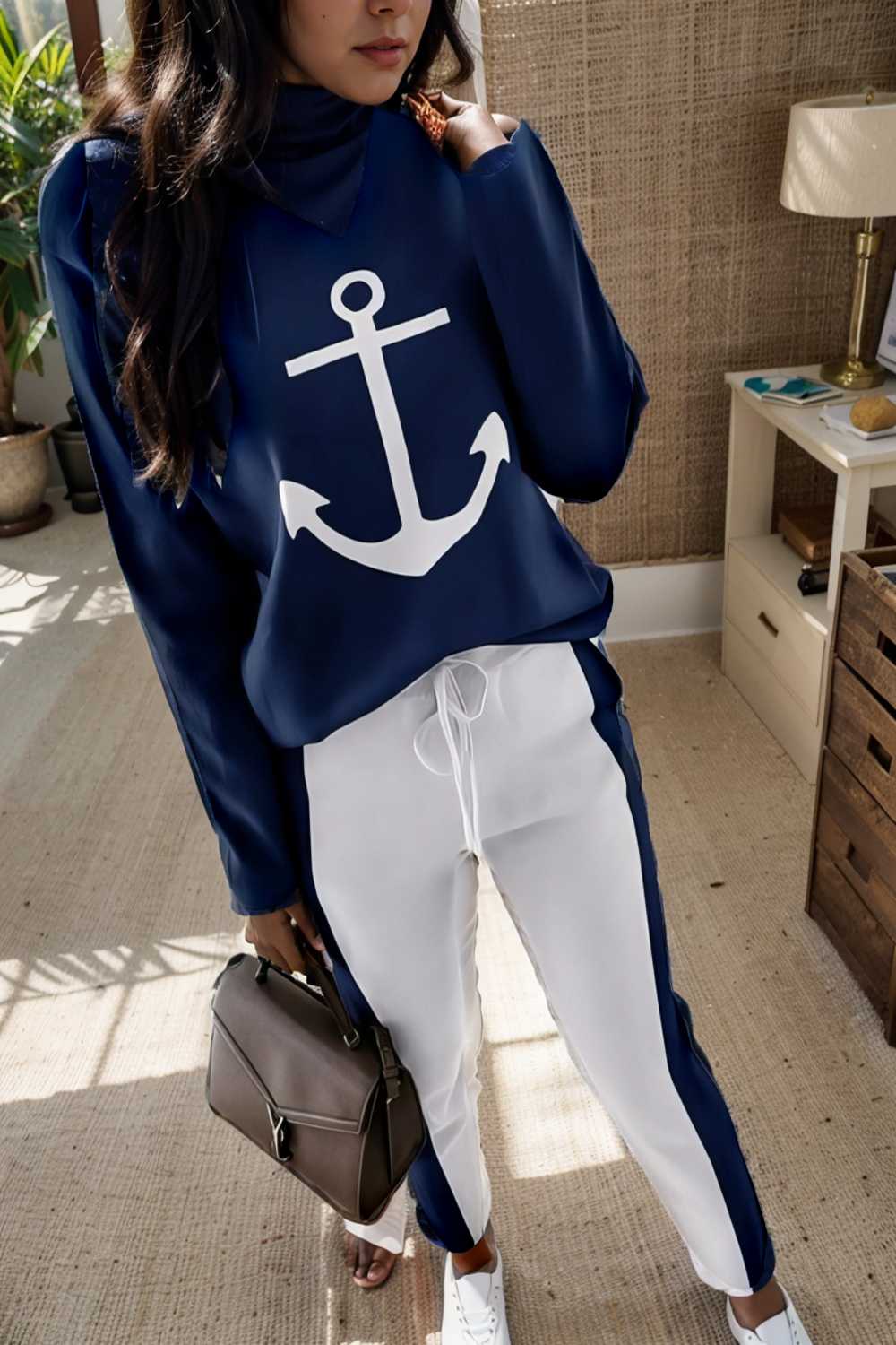 anchor print v neck long sleeve t shirt trousers two piece suit 129758