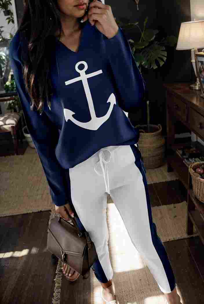 anchor print v neck long sleeve t shirt trousers two piece suit 121414