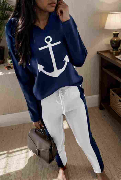 anchor print v neck long sleeve t shirt trousers two piece suit 107273