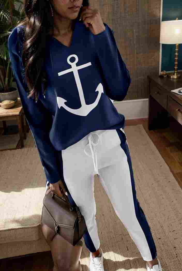 anchor print v neck long sleeve t shirt trousers two piece suit 145905