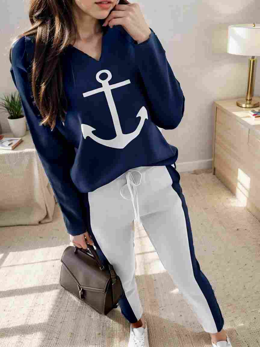 anchor print v neck long sleeve t shirt trousers two piece suit 140995