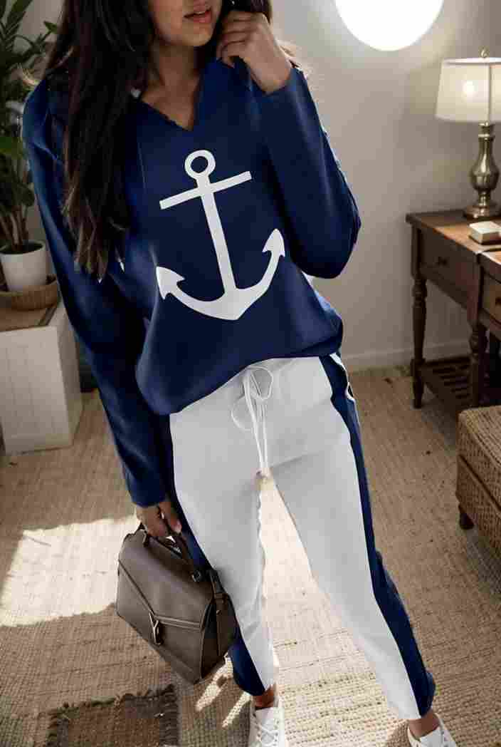 anchor print v neck long sleeve t shirt trousers two piece suit 140158