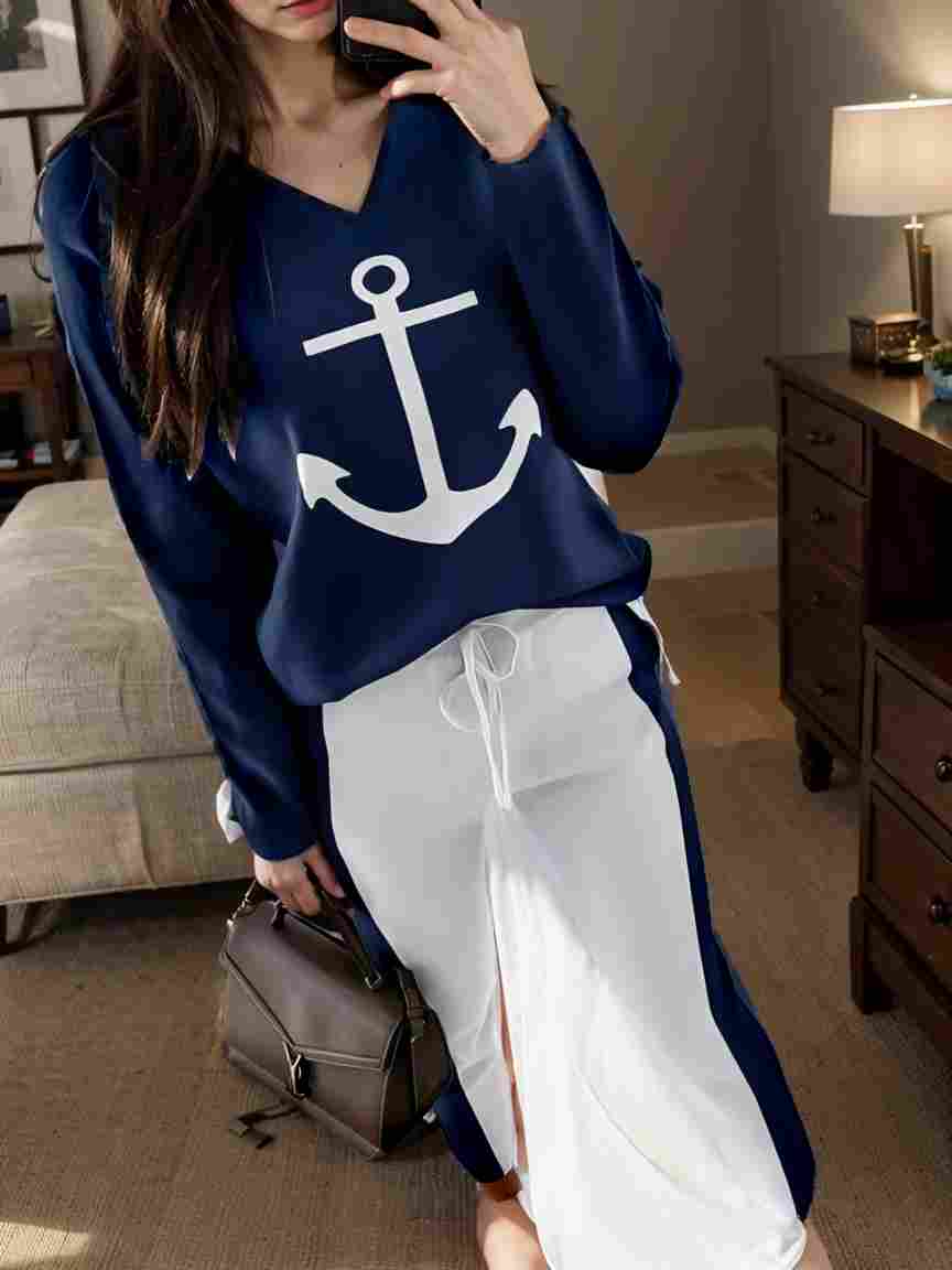 anchor print v neck long sleeve t shirt trousers two piece suit 134462