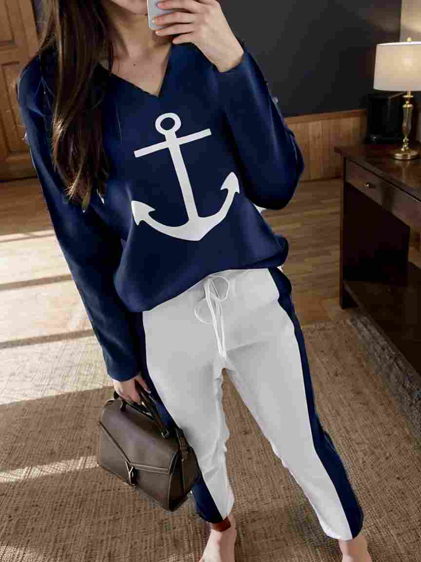 anchor print v neck long sleeve t shirt trousers two piece suit 107905