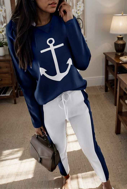 anchor print v neck long sleeve t shirt trousers two piece suit 108487