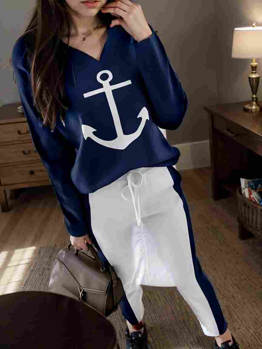 anchor print v neck long sleeve t shirt trousers two piece suit 146959