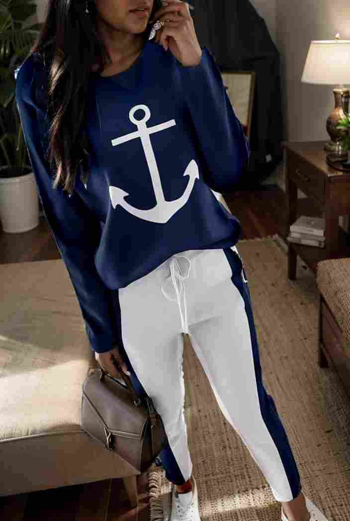 anchor print v neck long sleeve t shirt trousers two piece suit 100656