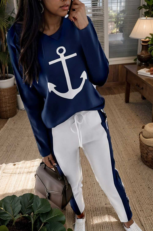 anchor print v neck long sleeve t shirt trousers two piece suit 145856