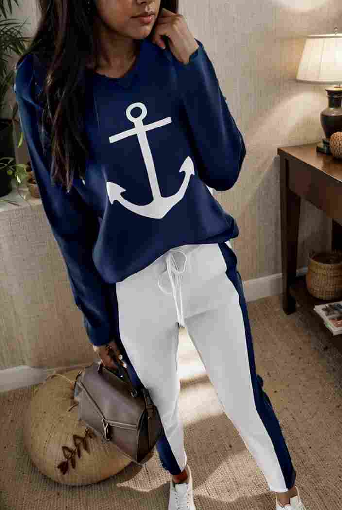 anchor print v neck long sleeve t shirt trousers two piece suit 131996