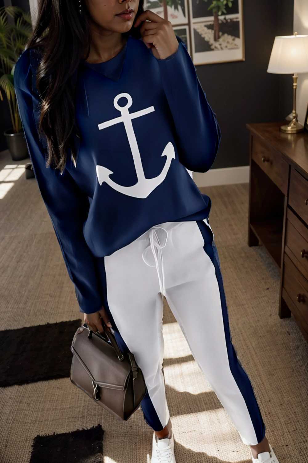 anchor print v neck long sleeve t shirt trousers two piece suit 147172