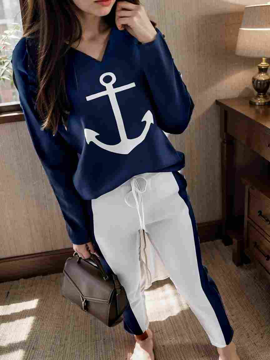 anchor print v neck long sleeve t shirt trousers two piece suit 119827