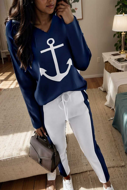 anchor print v neck long sleeve t shirt trousers two piece suit 134151