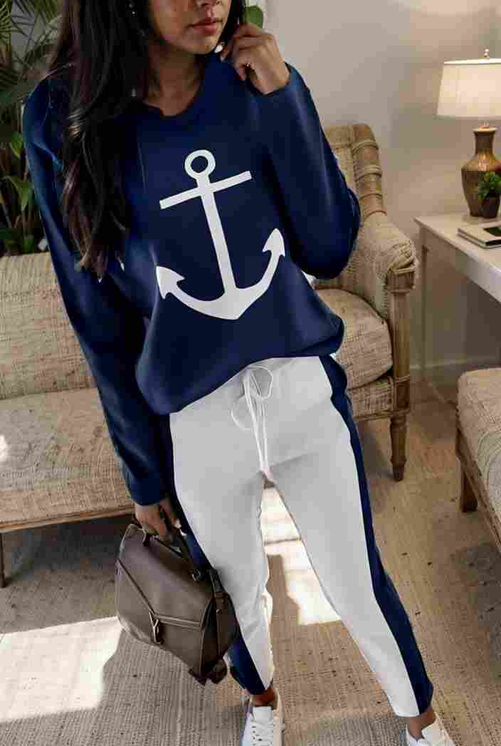 anchor print v neck long sleeve t shirt trousers two piece suit 134396