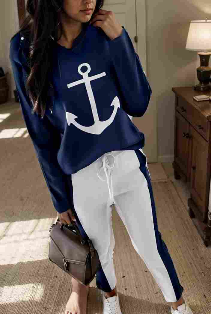 anchor print v neck long sleeve t shirt trousers two piece suit 111157