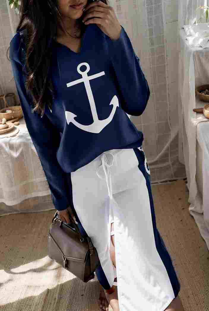 anchor print v neck long sleeve t shirt trousers two piece suit 100008