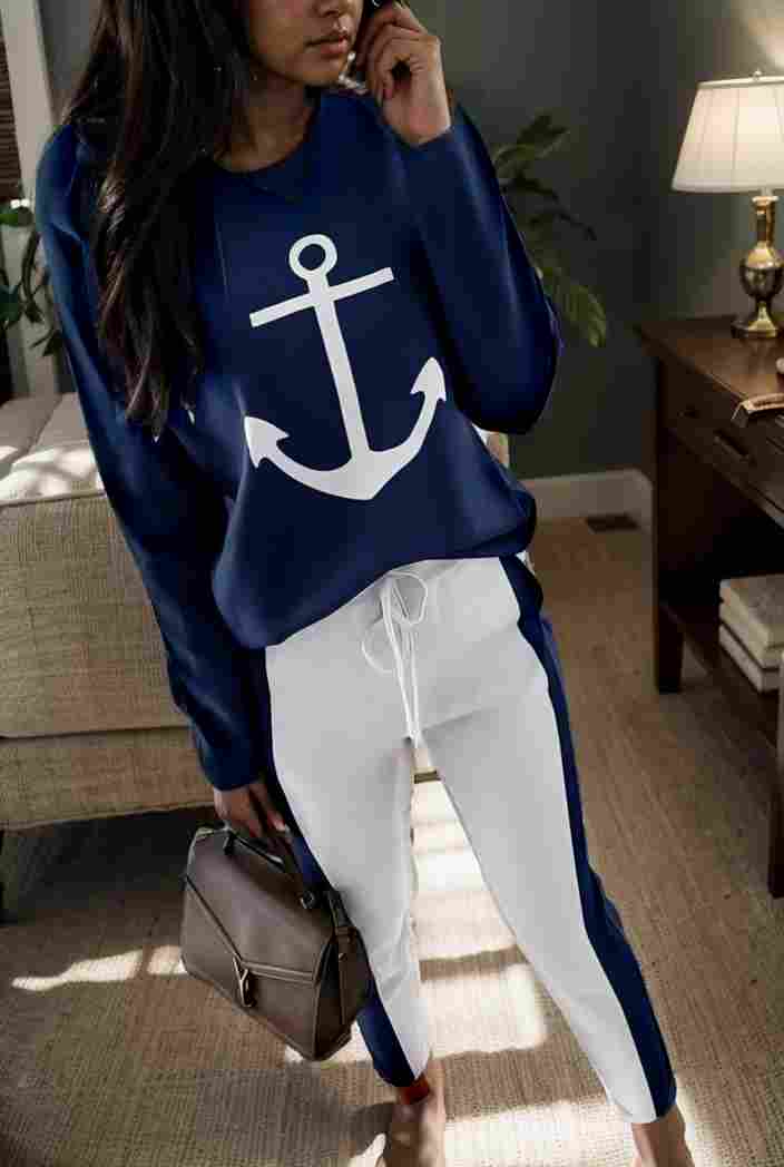 anchor print v neck long sleeve t shirt trousers two piece suit 139797