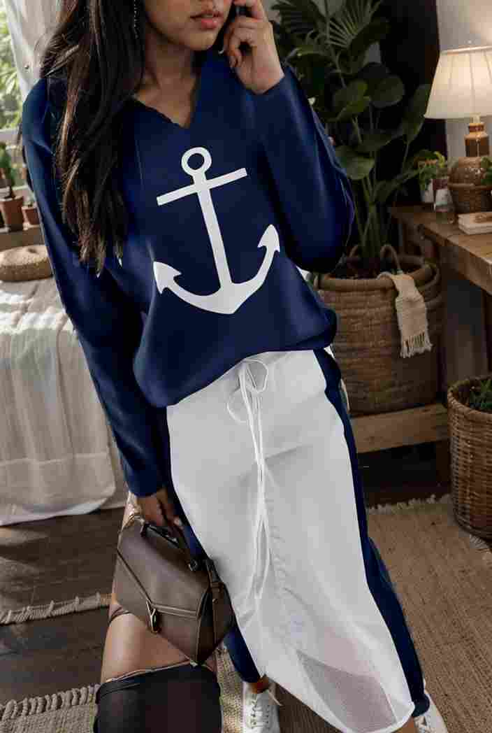 anchor print v neck long sleeve t shirt trousers two piece suit 137012