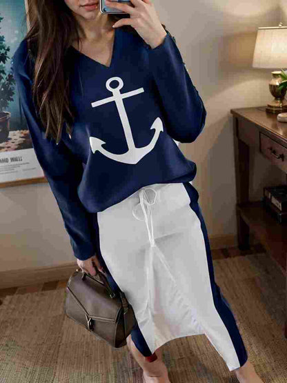 anchor print v neck long sleeve t shirt trousers two piece suit 144997