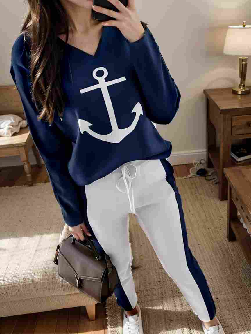 anchor print v neck long sleeve t shirt trousers two piece suit 102760