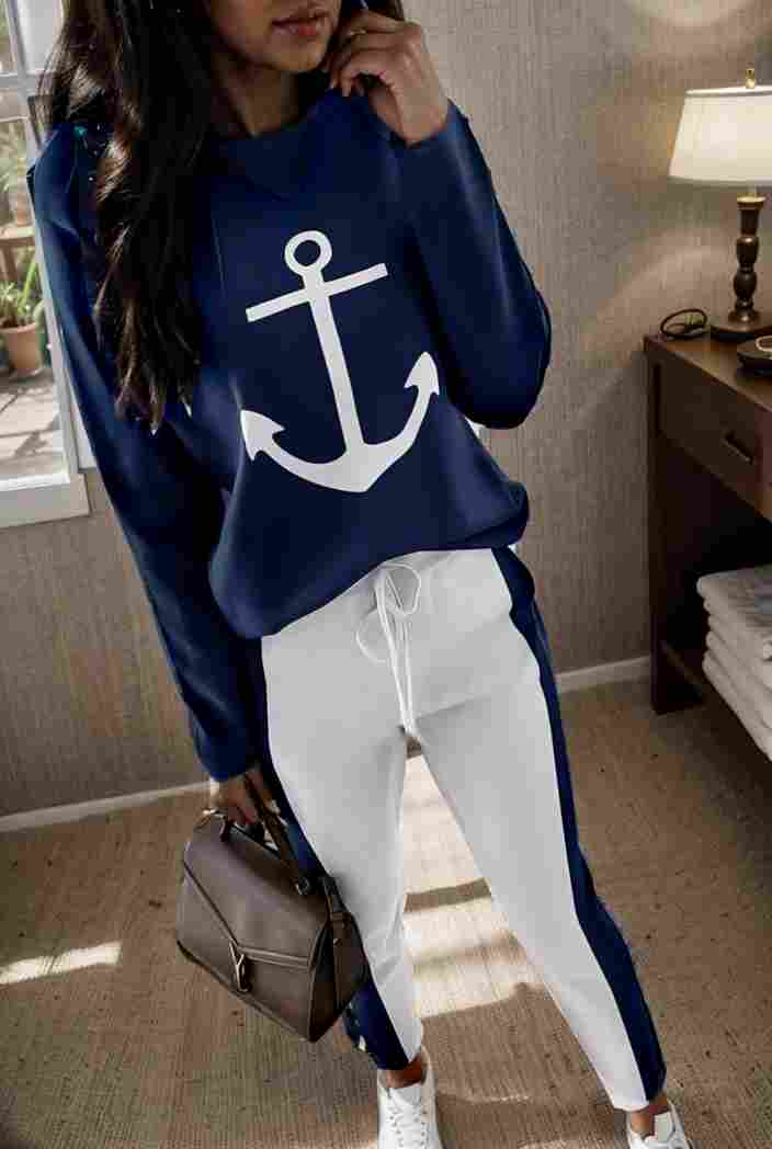 anchor print v neck long sleeve t shirt trousers two piece suit 147543