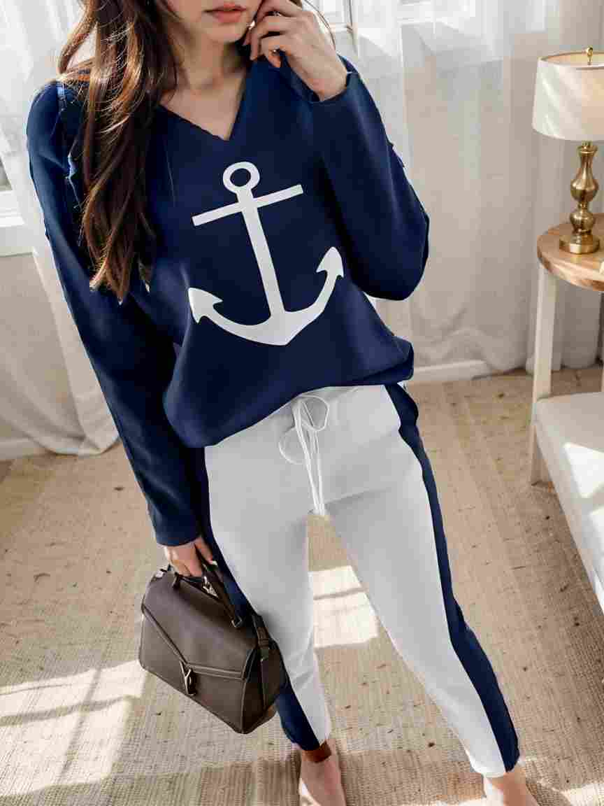 anchor print v neck long sleeve t shirt trousers two piece suit 132279