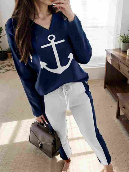 anchor print v neck long sleeve t shirt trousers two piece suit 103971