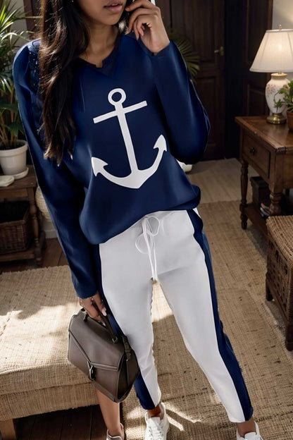 anchor print v neck long sleeve t shirt trousers two piece suit 102698