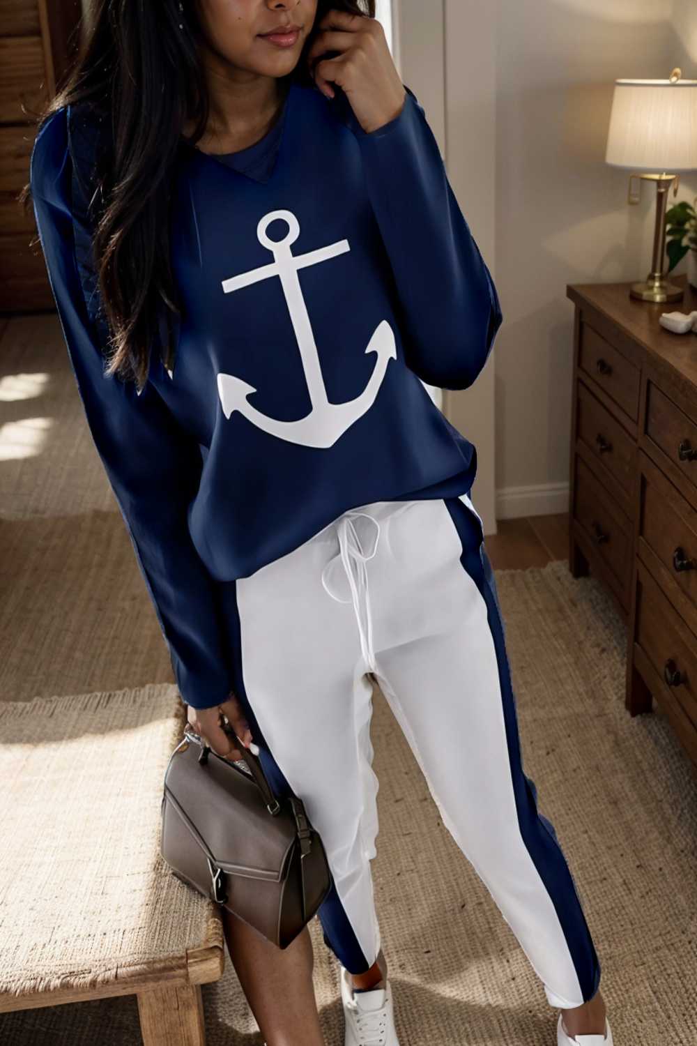 anchor print v neck long sleeve t shirt trousers two piece suit 149851