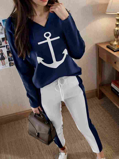 anchor print v neck long sleeve t shirt trousers two piece suit 139528