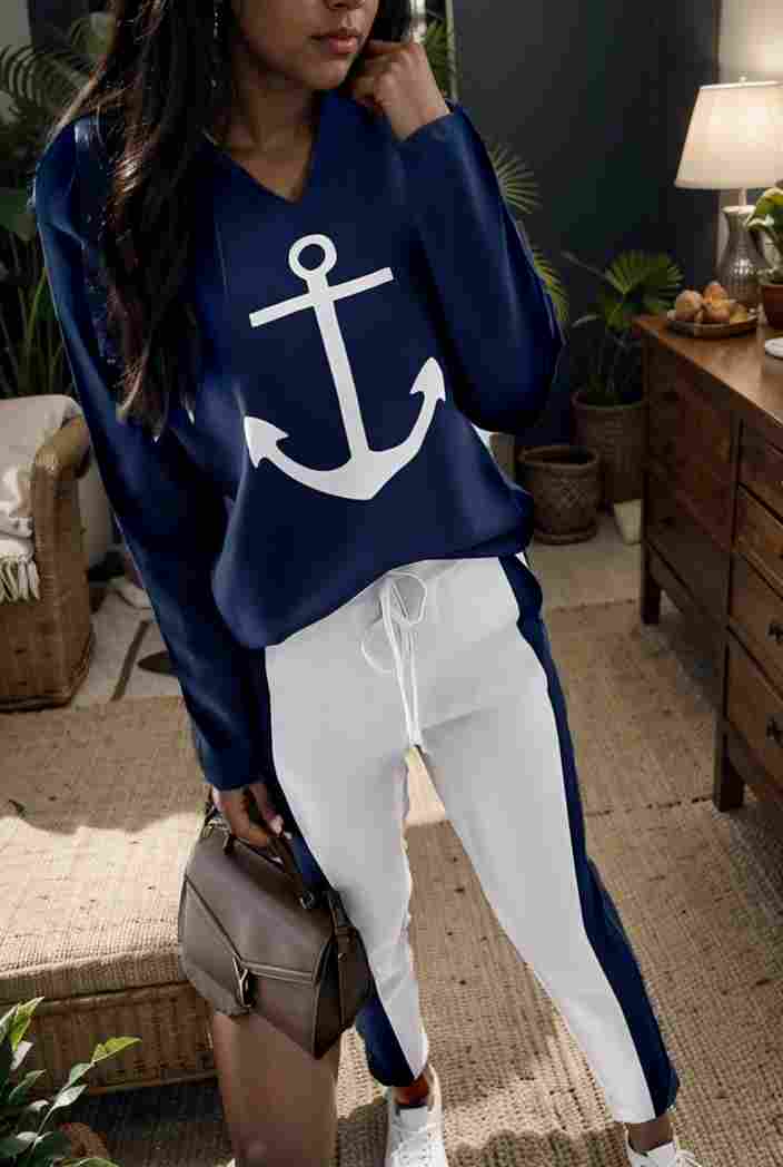 anchor print v neck long sleeve t shirt trousers two piece suit 121679