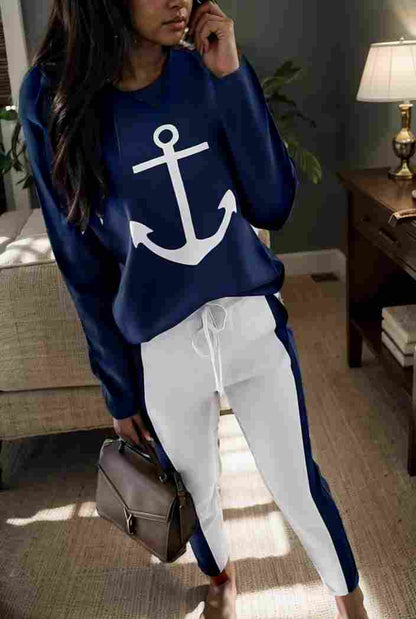 anchor print v neck long sleeve t shirt trousers two piece suit 121632