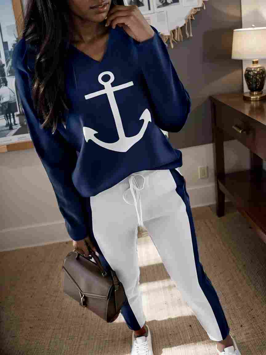 anchor print v neck long sleeve t shirt trousers two piece suit 132092