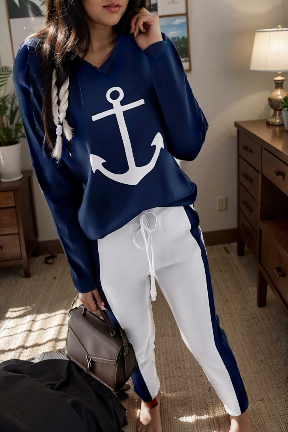 anchor print v neck long sleeve t shirt trousers two piece suit 129784