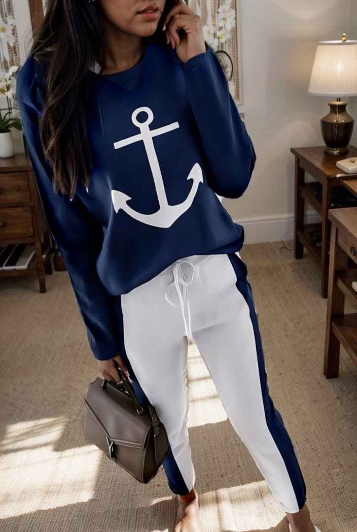 anchor print v neck long sleeve t shirt trousers two piece suit 132694