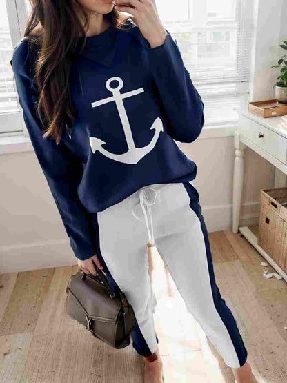 anchor print v neck long sleeve t shirt trousers two piece suit 135702