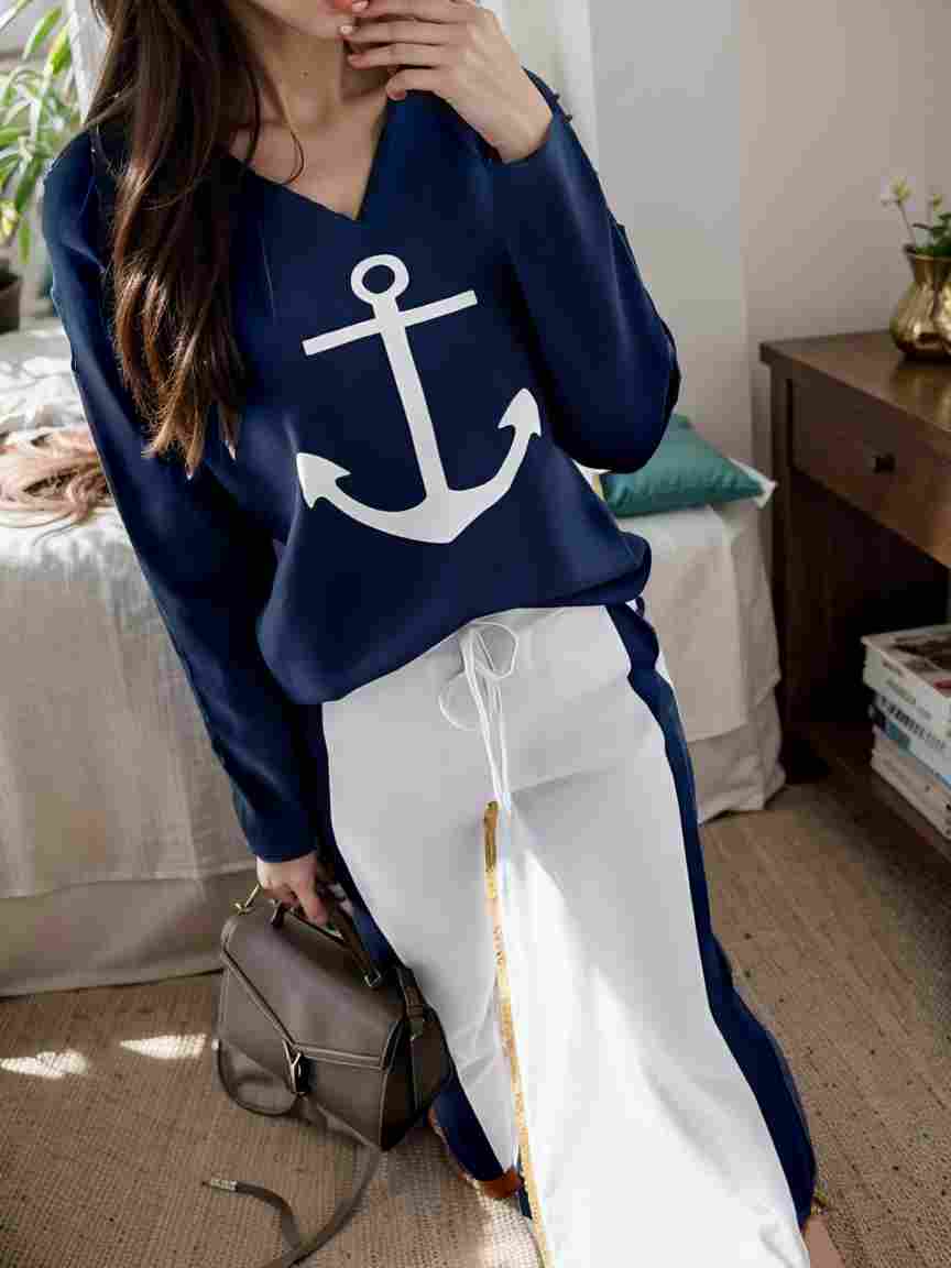 anchor print v neck long sleeve t shirt trousers two piece suit 111912