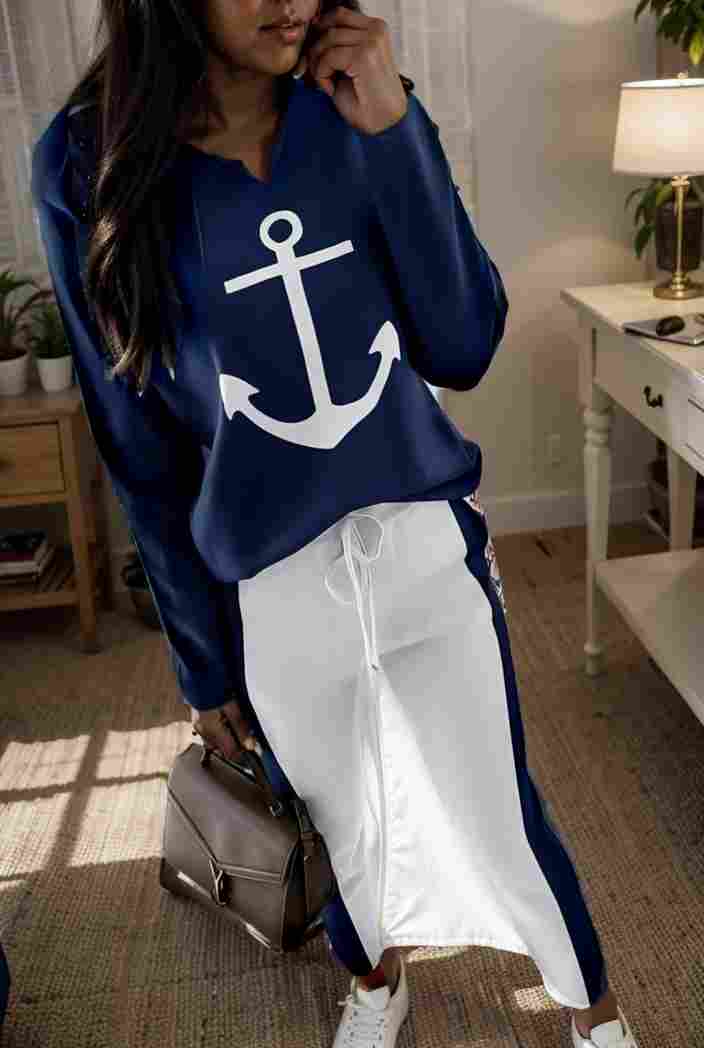 anchor print v neck long sleeve t shirt trousers two piece suit 111348